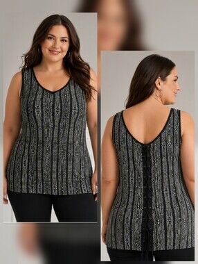 Reitmans Lace-Up Back Sleeveless Tunic Top Black & White Stretch, Plus Size 2X